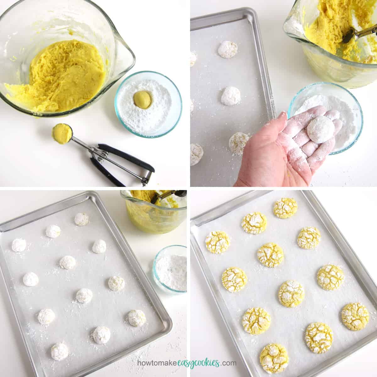 roll lemon cake mix cookie dough in powdered sugar then bake until crackled