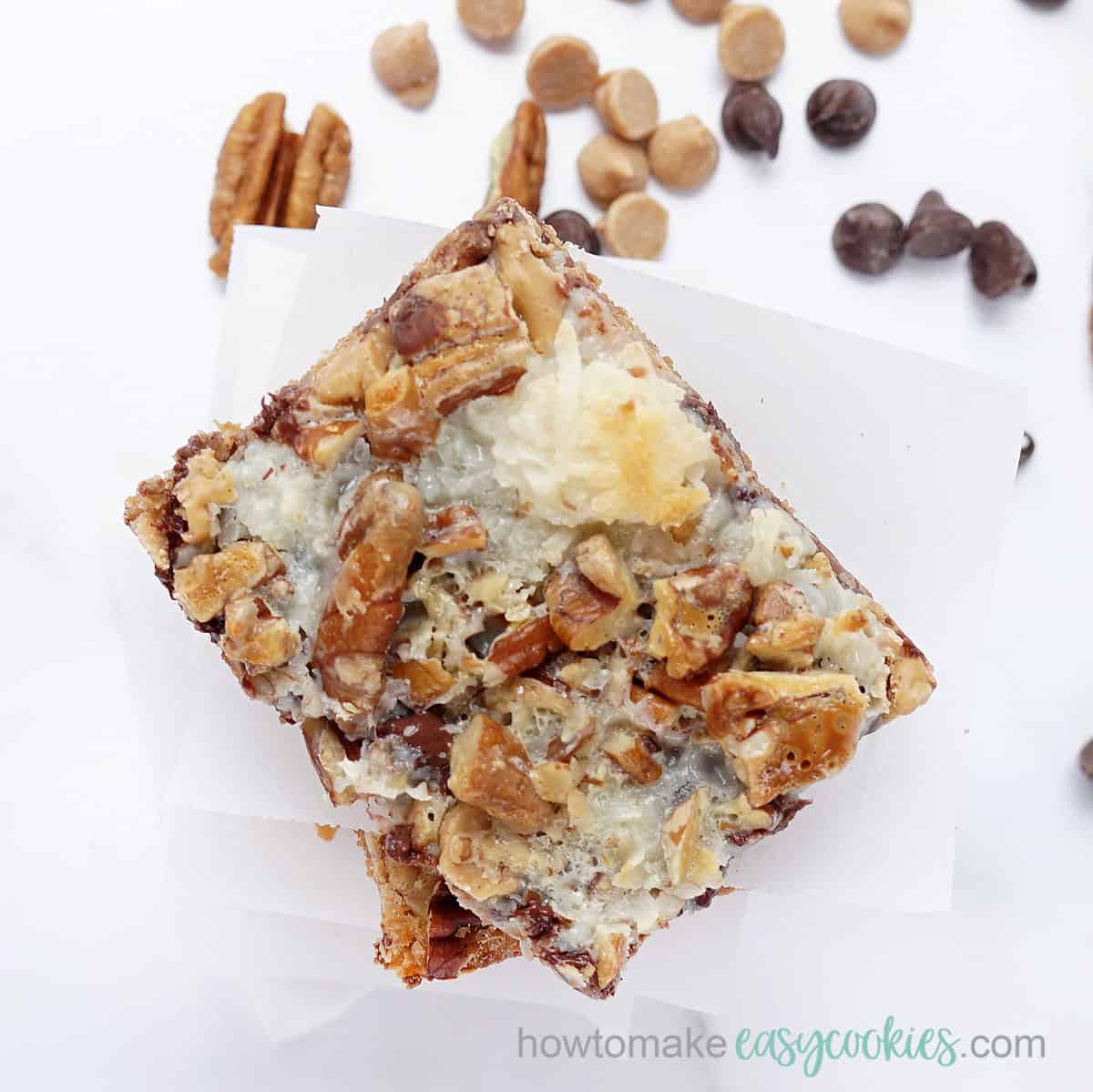 7 layer bars with coconut, chocolate chips, and pecans 