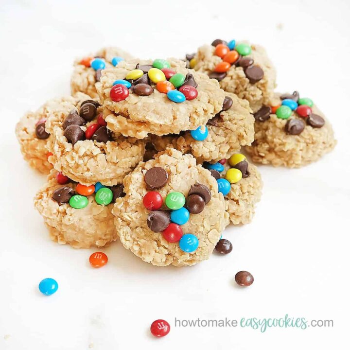 stacked no bake monster cookies with chocolate chips