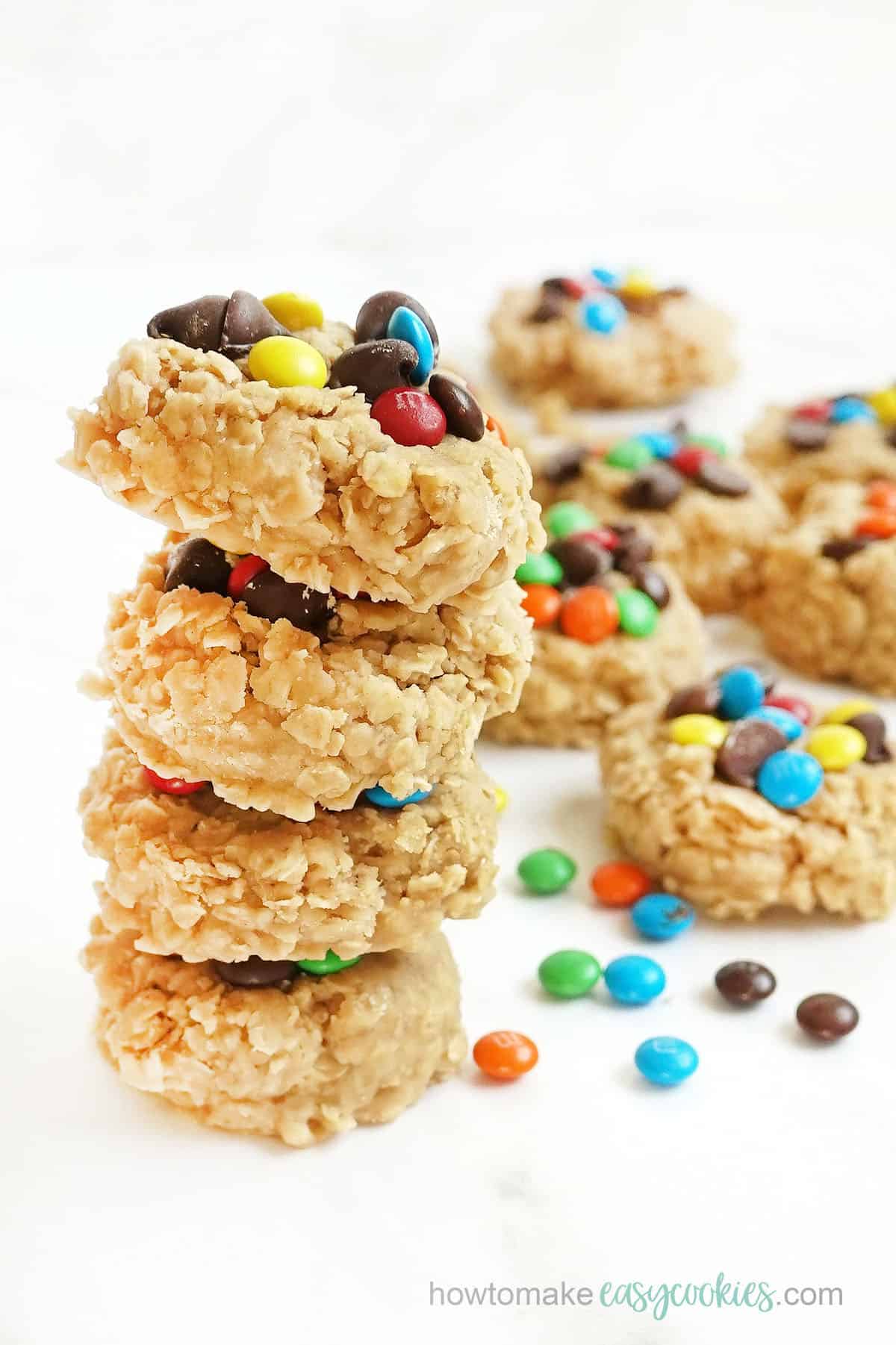 stack of no bake cookies with peanut butter, quick oats, chocolate chips, M&M candy