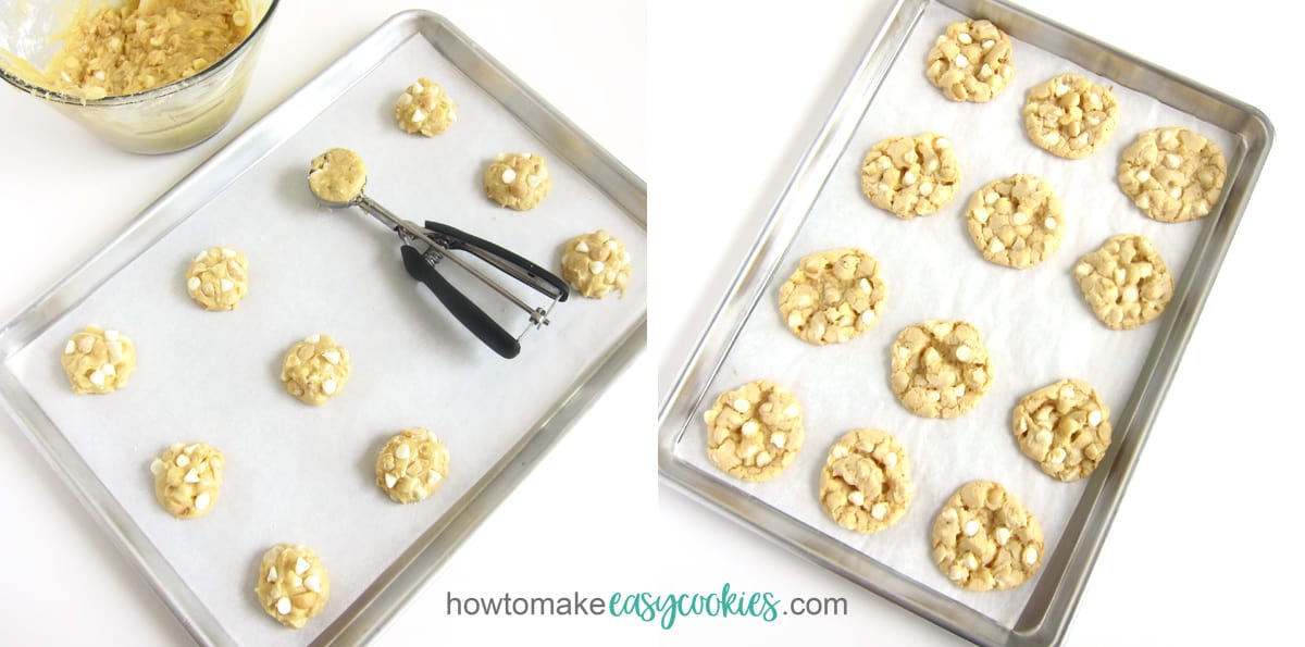 scoop out white chocolate macadamia nut cookie dough onto baking sheet then bake until lightly golden brown