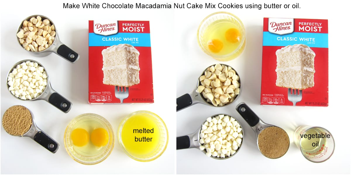 ingredients to make cake mix white chocolate macadamia nut cookies using butter or vegetable oil