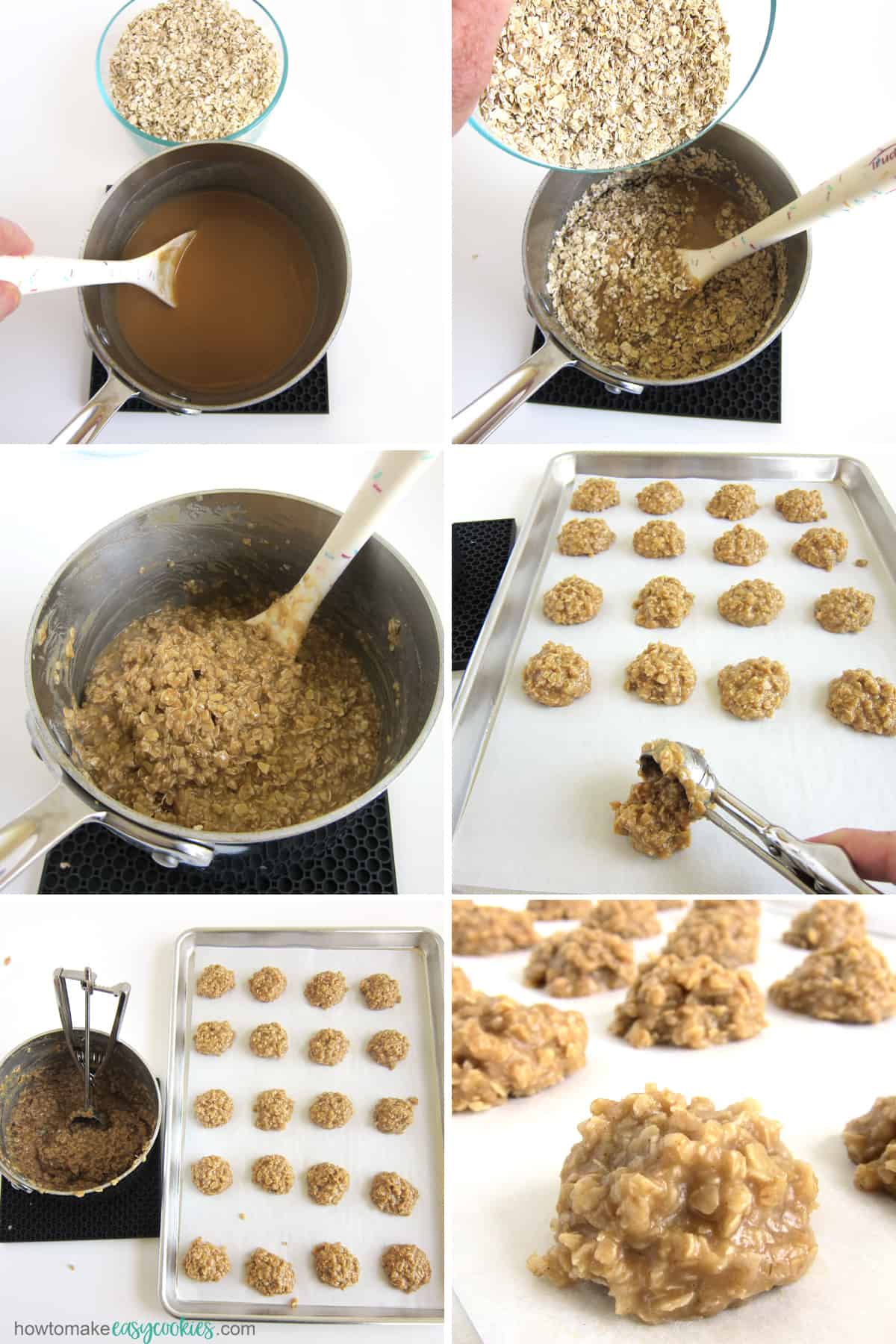 stir oatmeal into the peanut butter mixture, then scoop the dough onto baking sheets