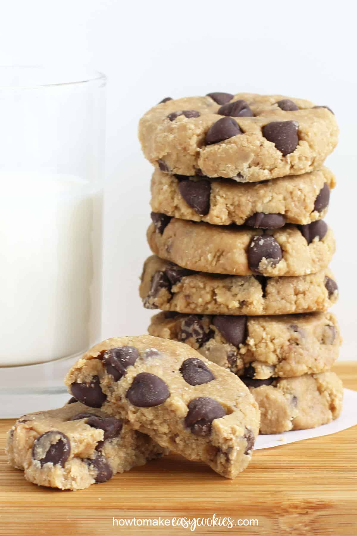 easy chocolate chip no bake cookies served with a cold glass of milk