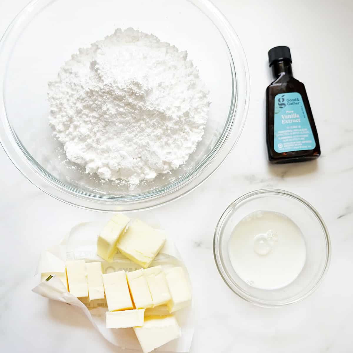 buttercream frosting ingredients powdered sugar, butter, milk, vanilla extract