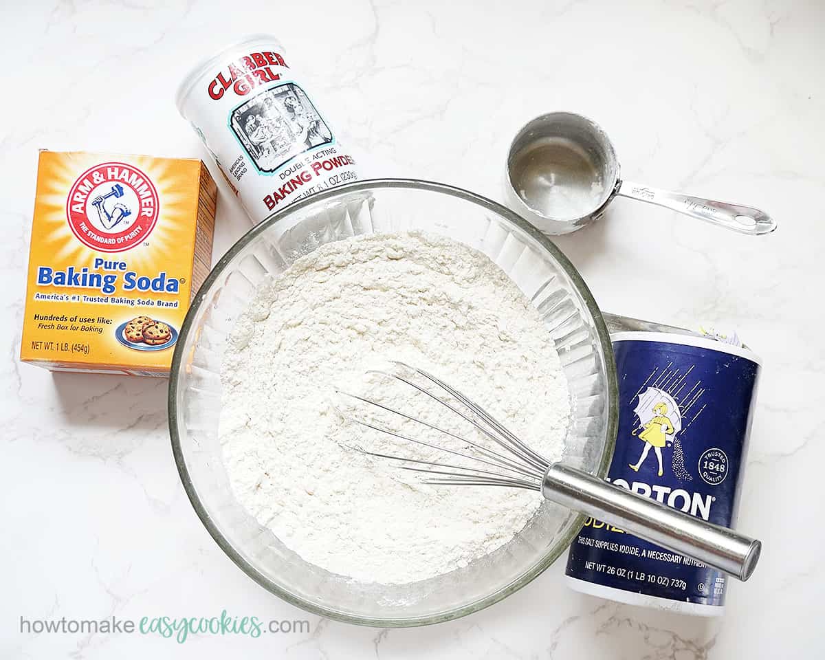 cookie ingredients flour, baking soda, baking powder, and salt