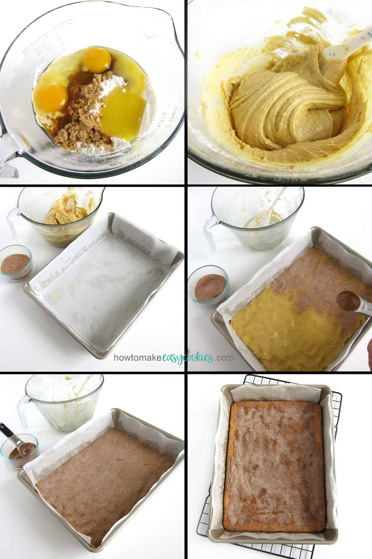 mix cake mix, brown sugar, cinnamon, eggs, and melted butter, then spread into pan and top with cinnamon sugar