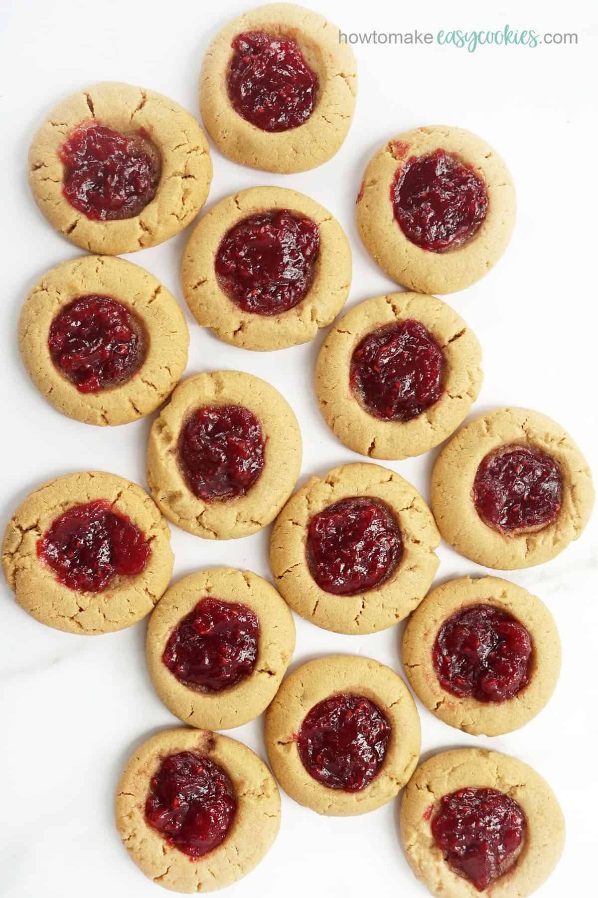 overhead view of peanut butter and jelly cookies