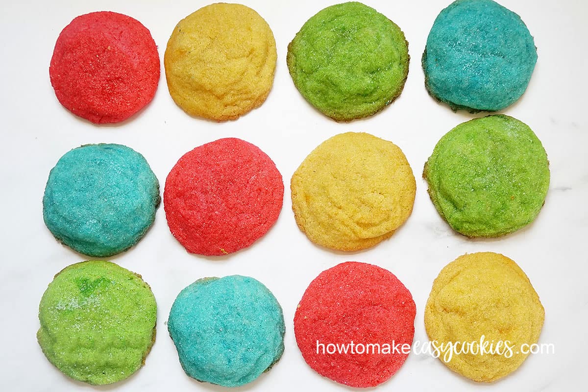 overhead view of rainbow cookies with jello flavors