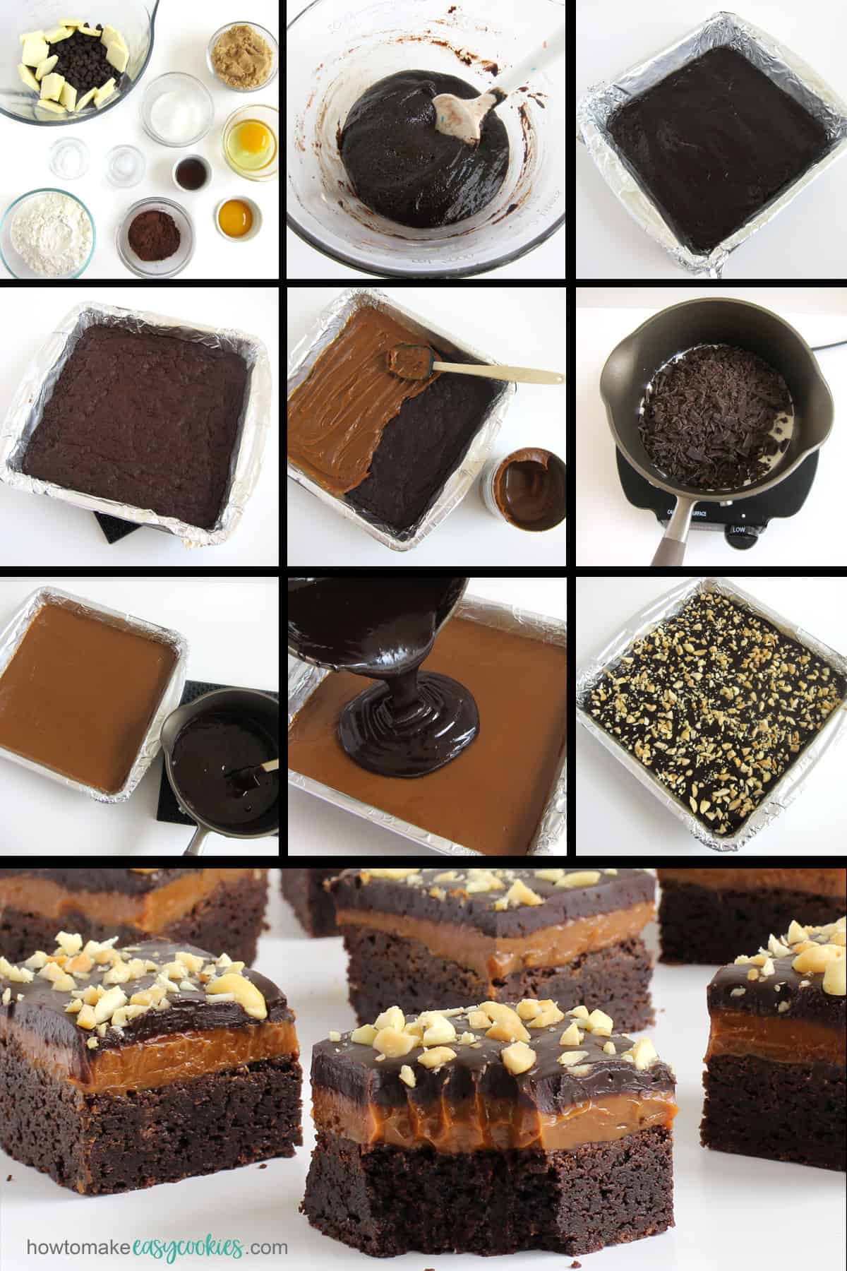 mix and bake chocolate cookie bars then top with caramel, chocolate ganache, and peanuts