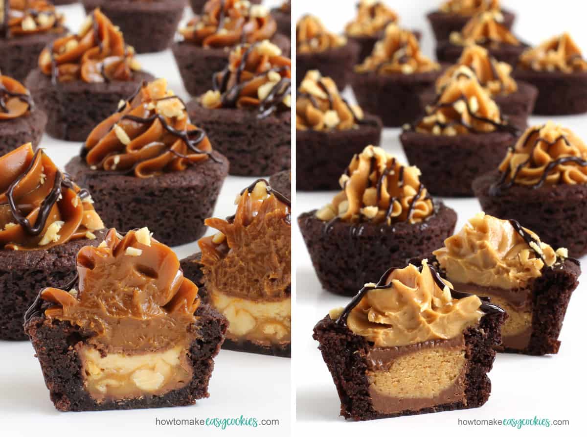 side-by-side image of Snickers Cookie Cups and Reese's Cookie Cups