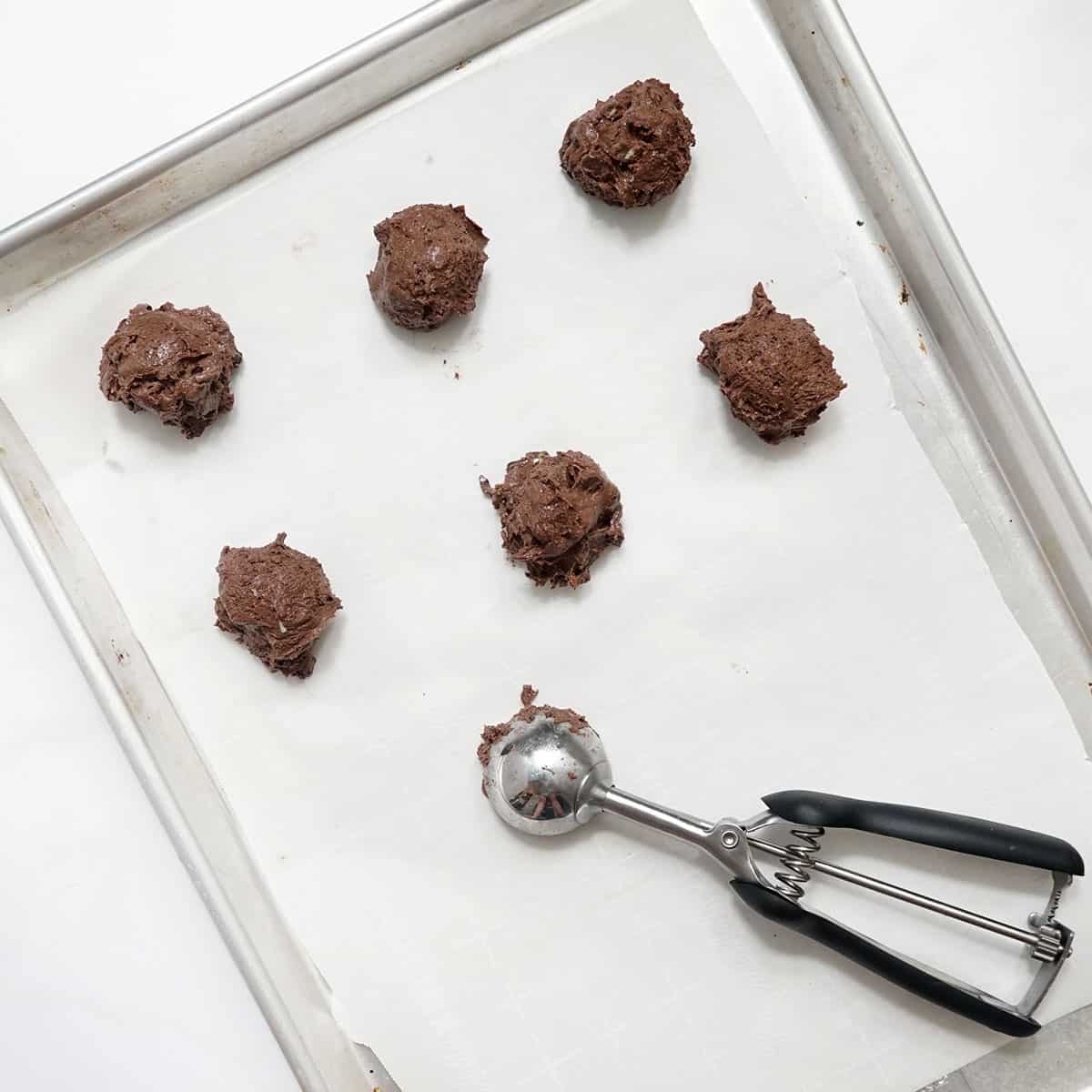 andes mint chocolate cake mix cookie dough on baking tray