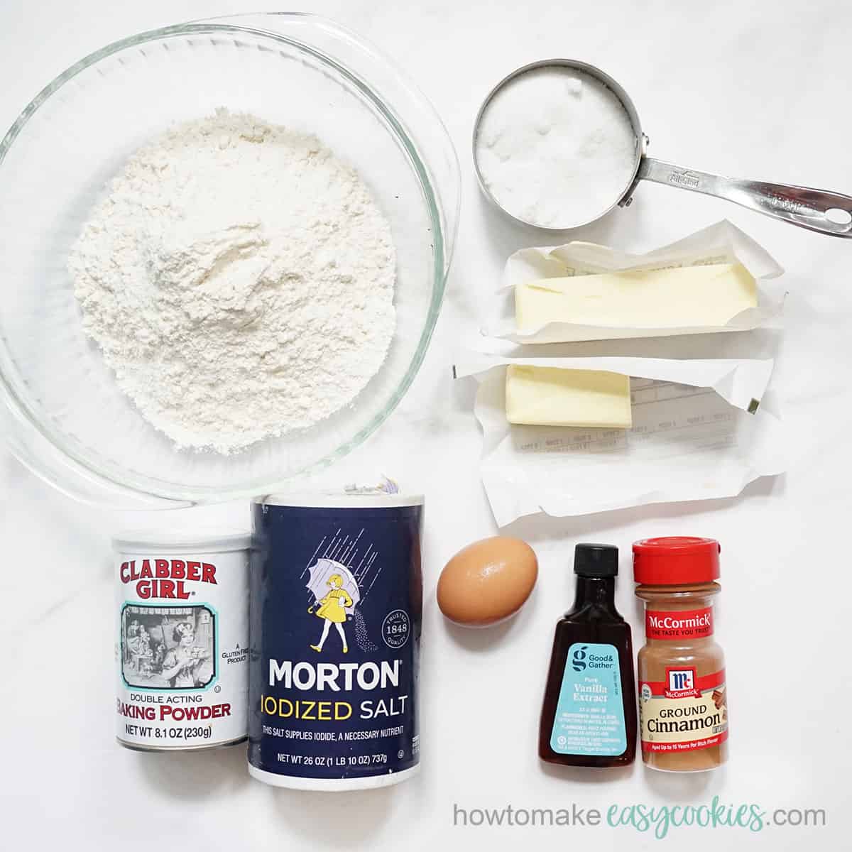 cinnamon roll cookies ingredients: flour, sugar, butter, salt, baking powder, egg, vanilla, cinnamon