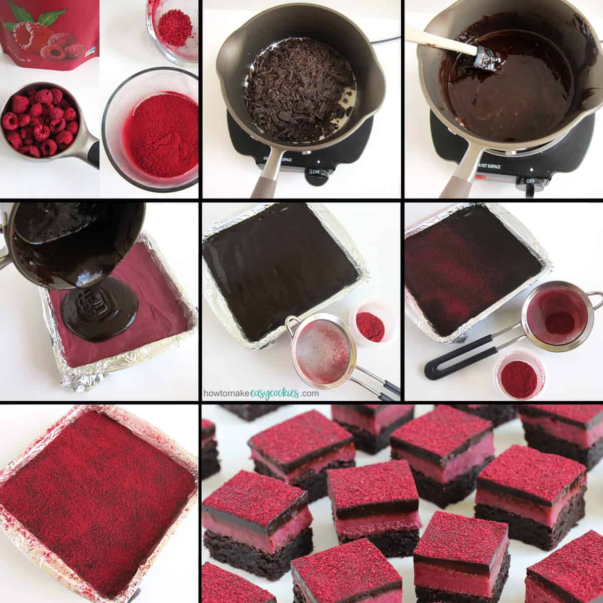 make semi-sweet chocolate ganache and pour it over the chocolate raspberry cookie bar then sprinkle on freeze-dried raspberry powder