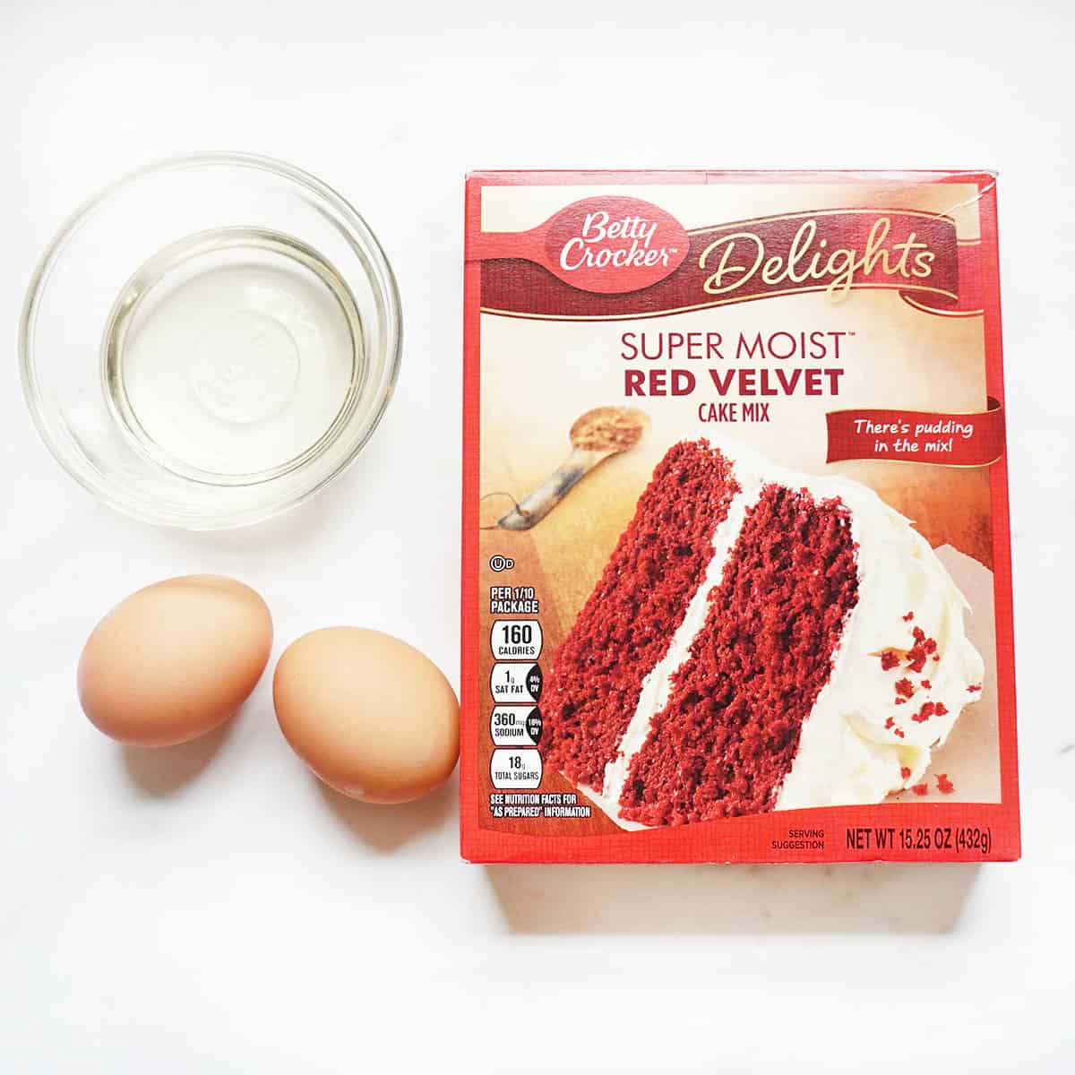 red velvet cake mix, vegetable oil, and eggs 
