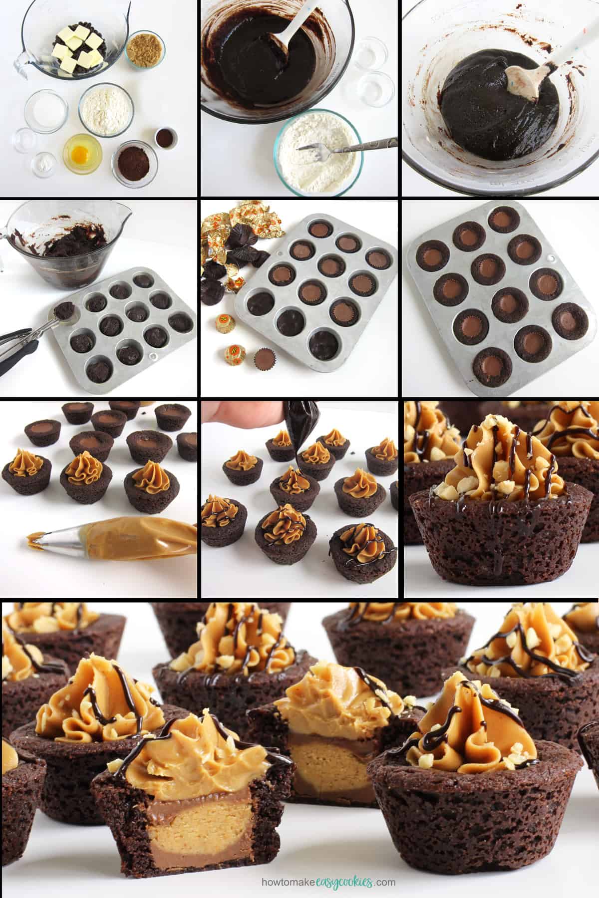 fill mini muffin cups with scoops of chocolate cookie dough, insert miniature Reese's Cups, bake, top with peanut butter, chocolate, and peanuts