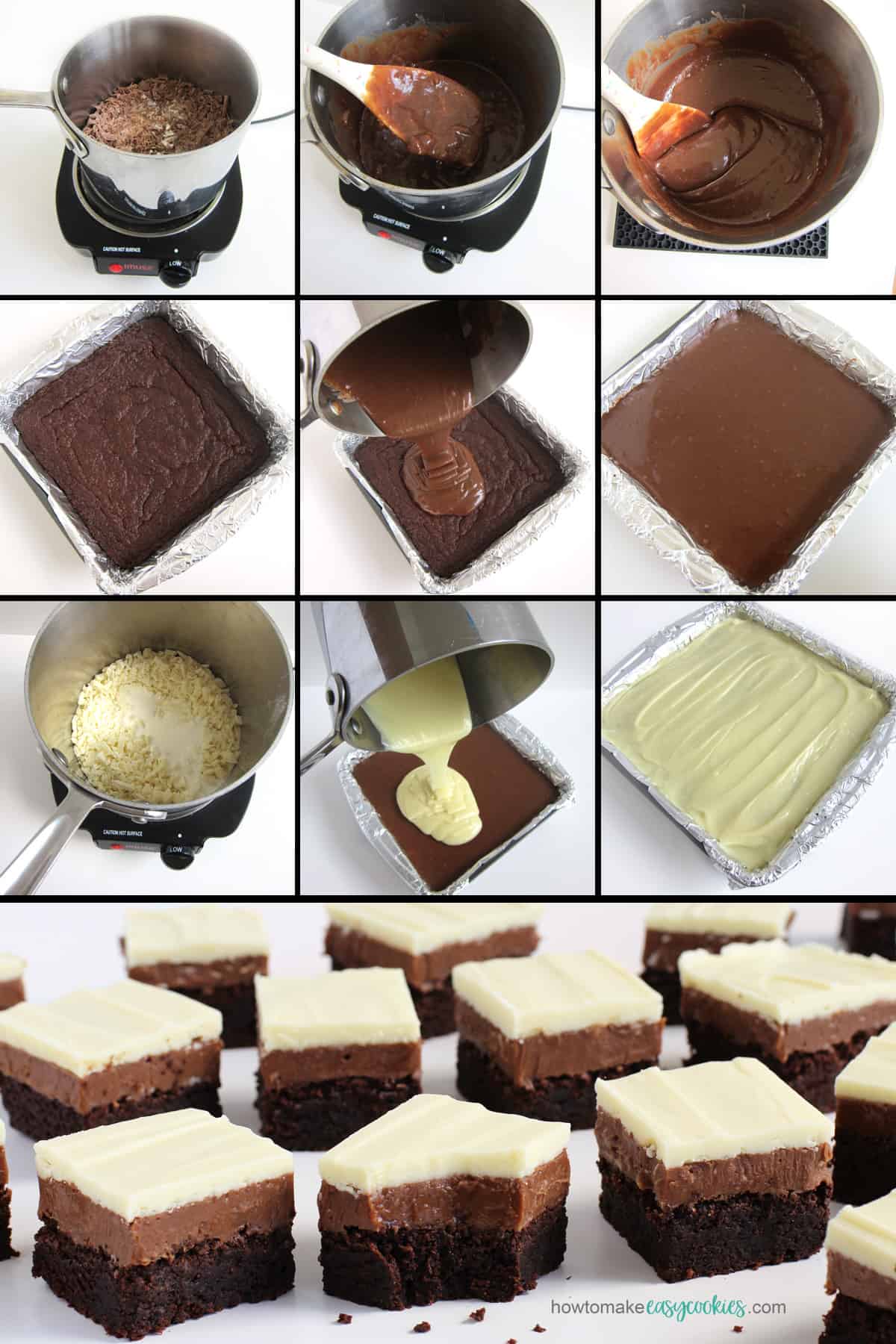 how to make triple chocolate cookie bars topped with milk and white chocolate ganache