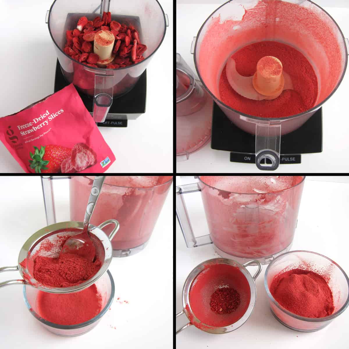 grind freeze-dried strawberries into powder using a food processor