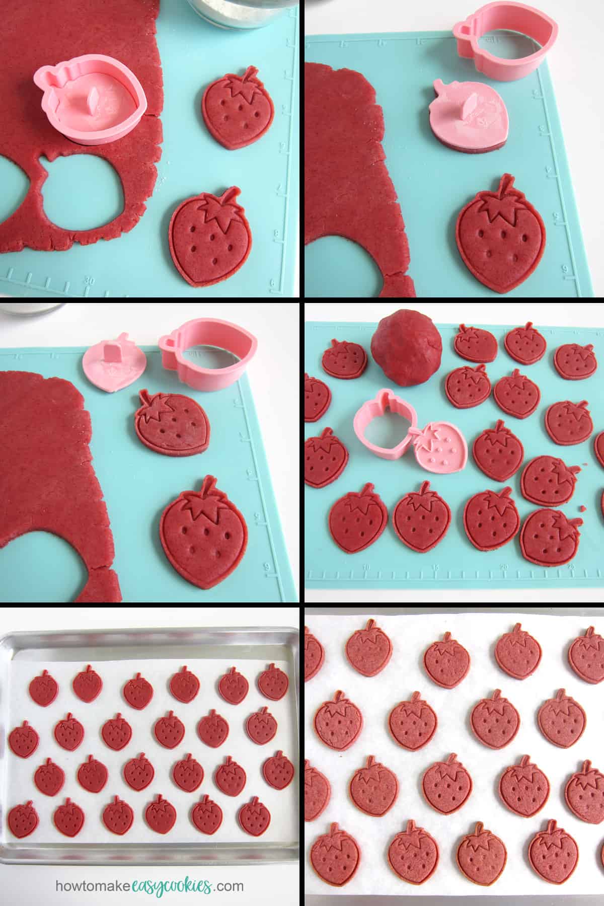 cut out strawberry cookie dough using a strawberry cookie cutter and stamp then bake
