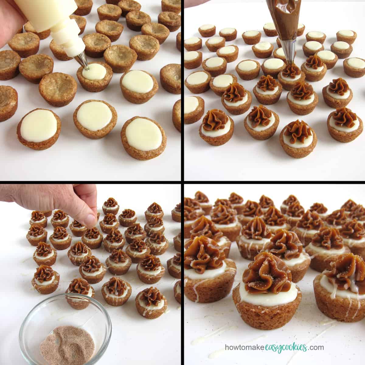 pipe white chocolate ganache and Dulce de Leche caramel over snickerdoodle cookies then sprinkle with cinnamon