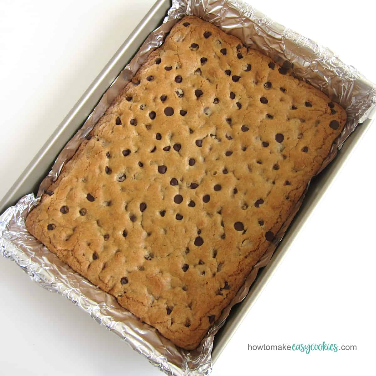 chocolate chip cookie bars baked in a 9x13 pan