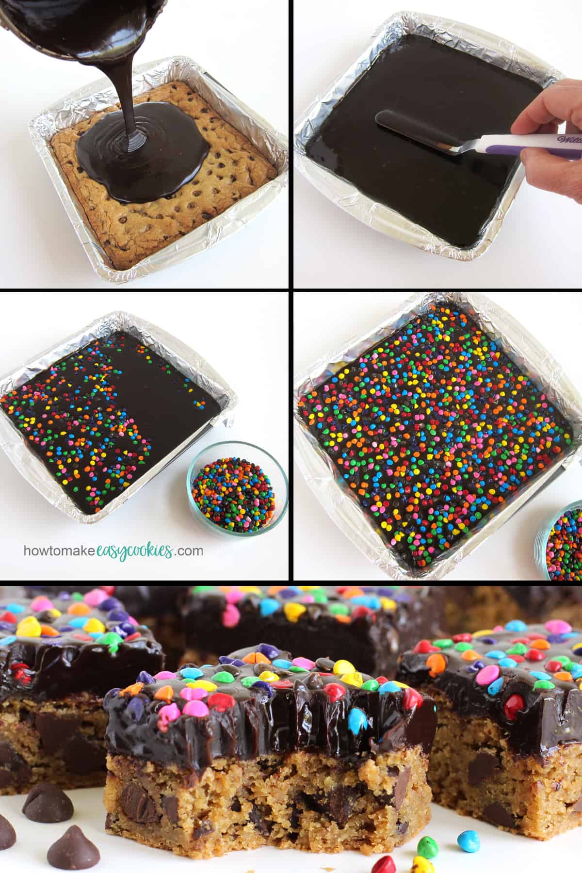 top chocolate chip cookie bars with chocolate ganache and rainbow-colored mini chocolate chip sprinkles