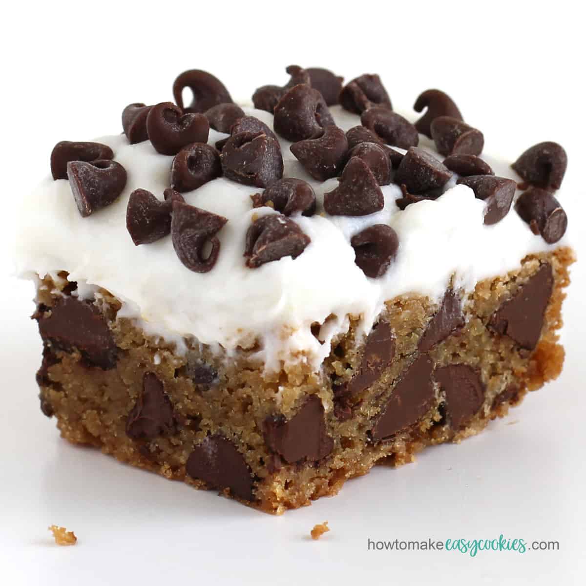 chocolate chip cookie bars frosted with vanilla buttercream