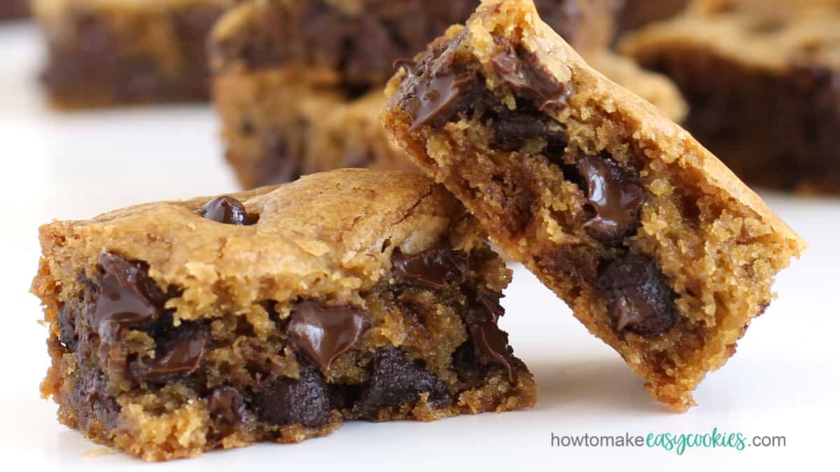 homemade chocolate chip cookie bars packed with Nestle, Hershey Special Dark, or Ghirardelli semi-sweet chocolate chips