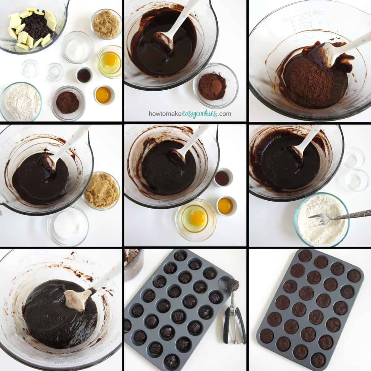 make mini chocolate cookie cups by mixing butter, chocolate, cocoa, brown & granulated sugar, egg, egg yolk, vanilla, flour, baking powder, and salt