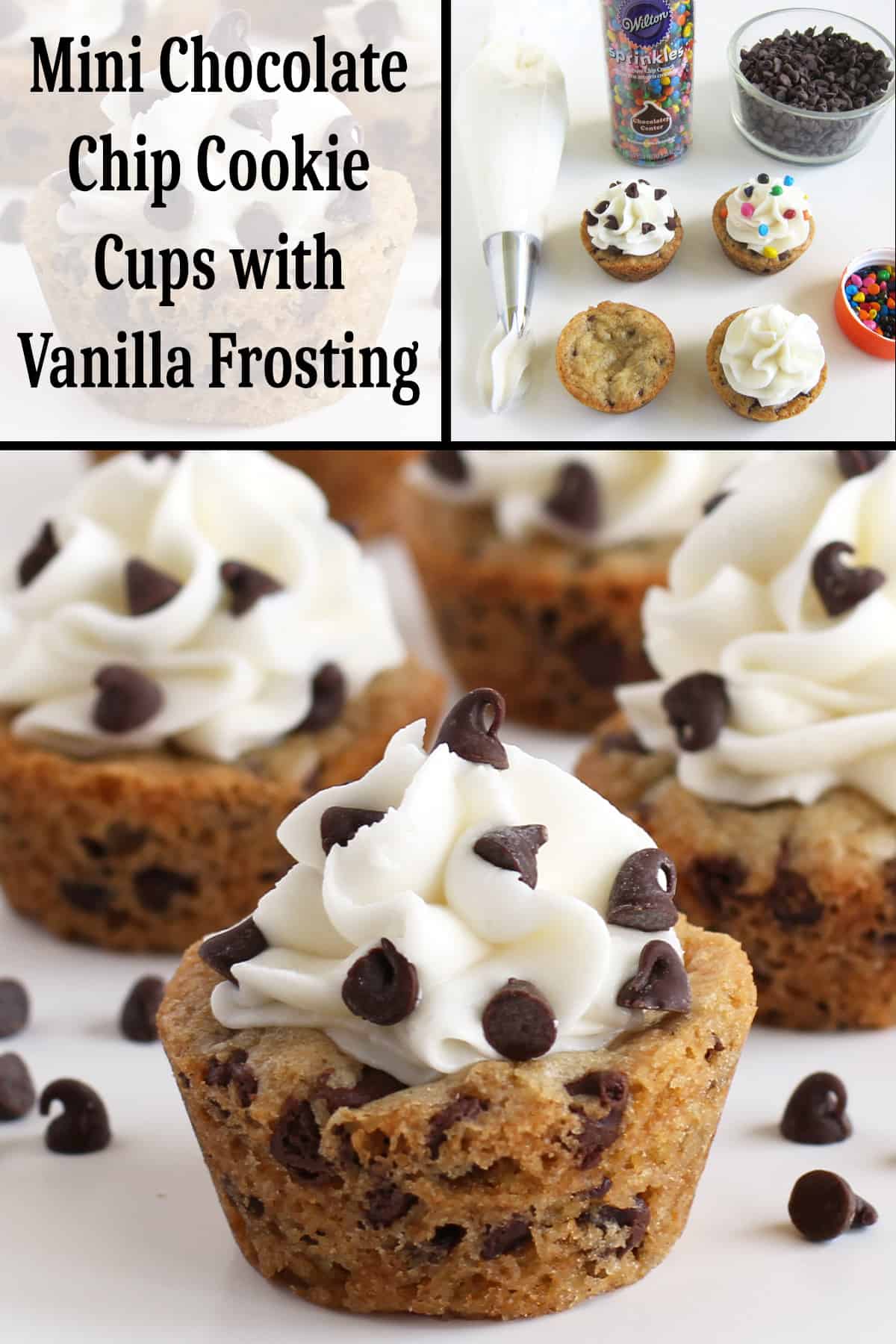 chocolate chip cookie cups topped with vanilla frosting and mini chocolate chips