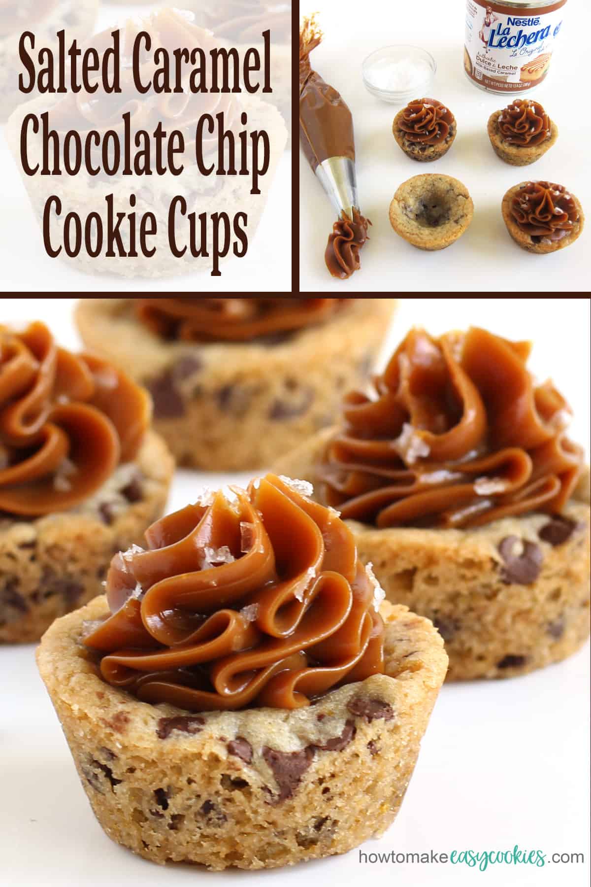 chocolate chip cookie cups topped with salted caramel