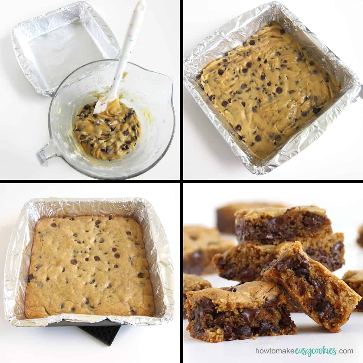 spread chocolate chip cookie dough into an 8x8 pan, then bake, and cut into squares