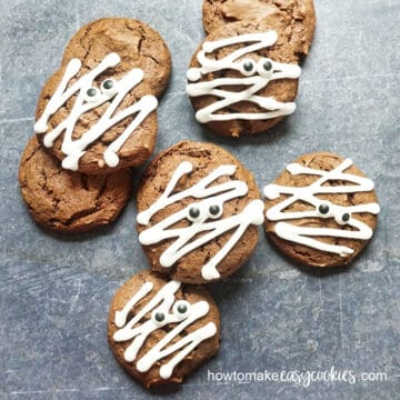 chocolate cake mix mummy cookies with icing and candy eyes