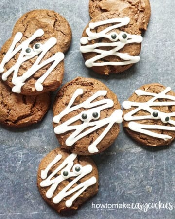 chocolate cake mix mummy cookies with icing and candy eyes