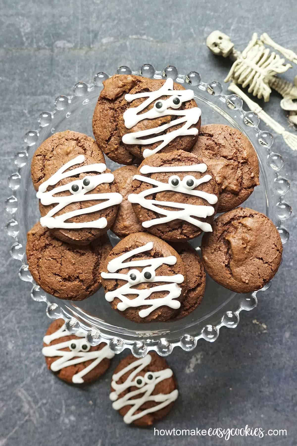 Halloween cookies, mummies from chocolate cake mix