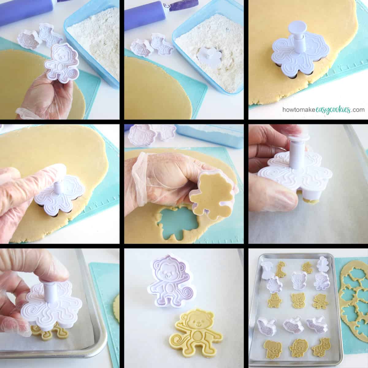cutting out sugar cookie dough using a plunger cookie cutter with a stamped image of a monkey