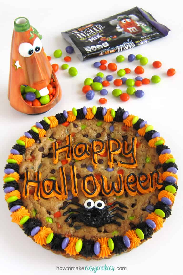 Halloween cookie cake filled with Halloween Mad Scientist M&M's