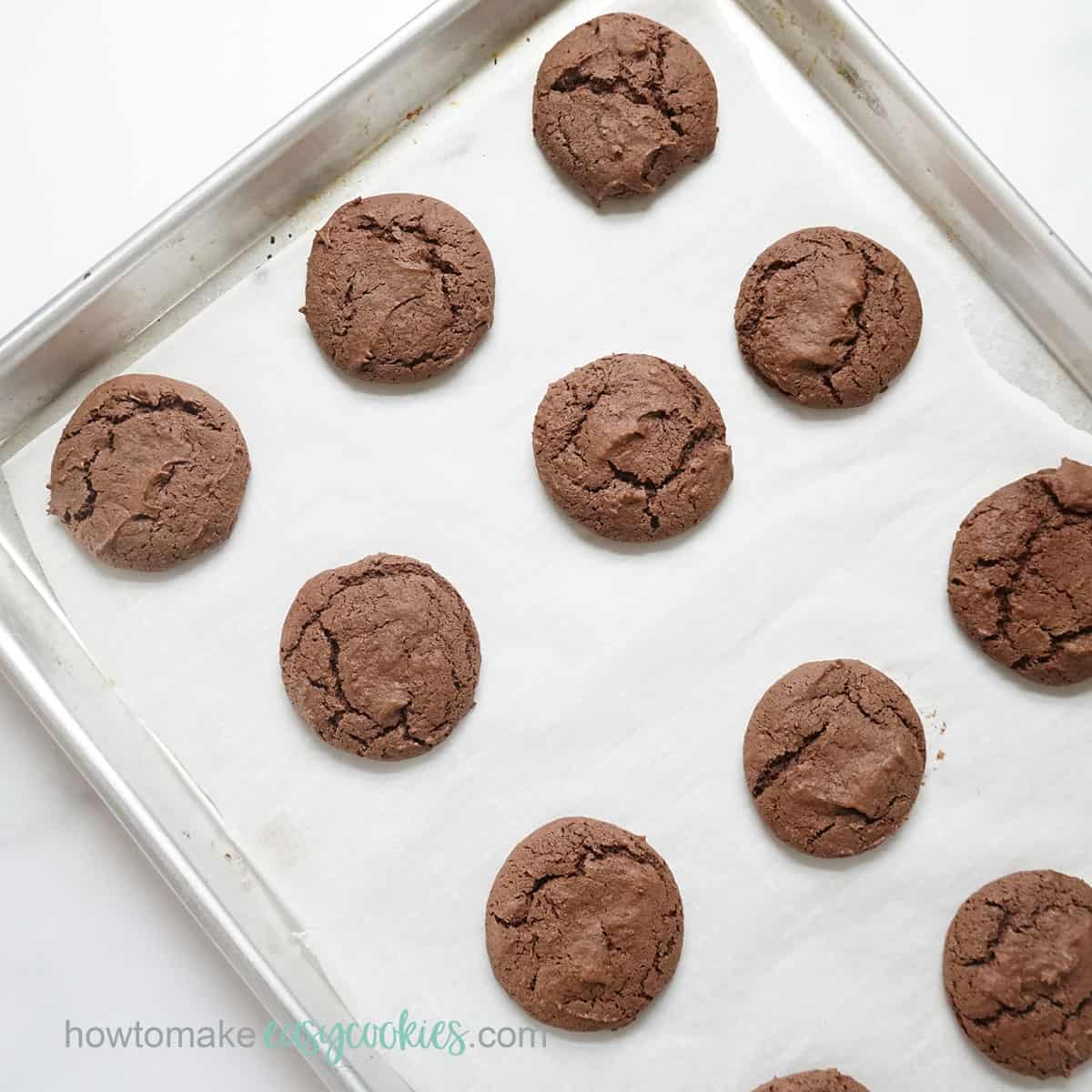 chocolate cake mix cookies on baking tray