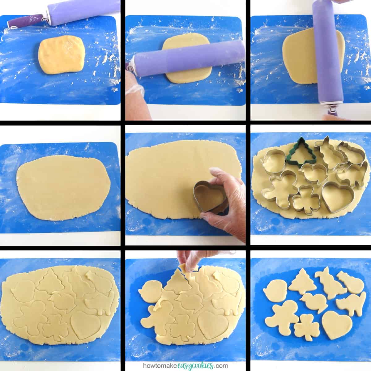 roll out cookie dough then cut using cookie cutters