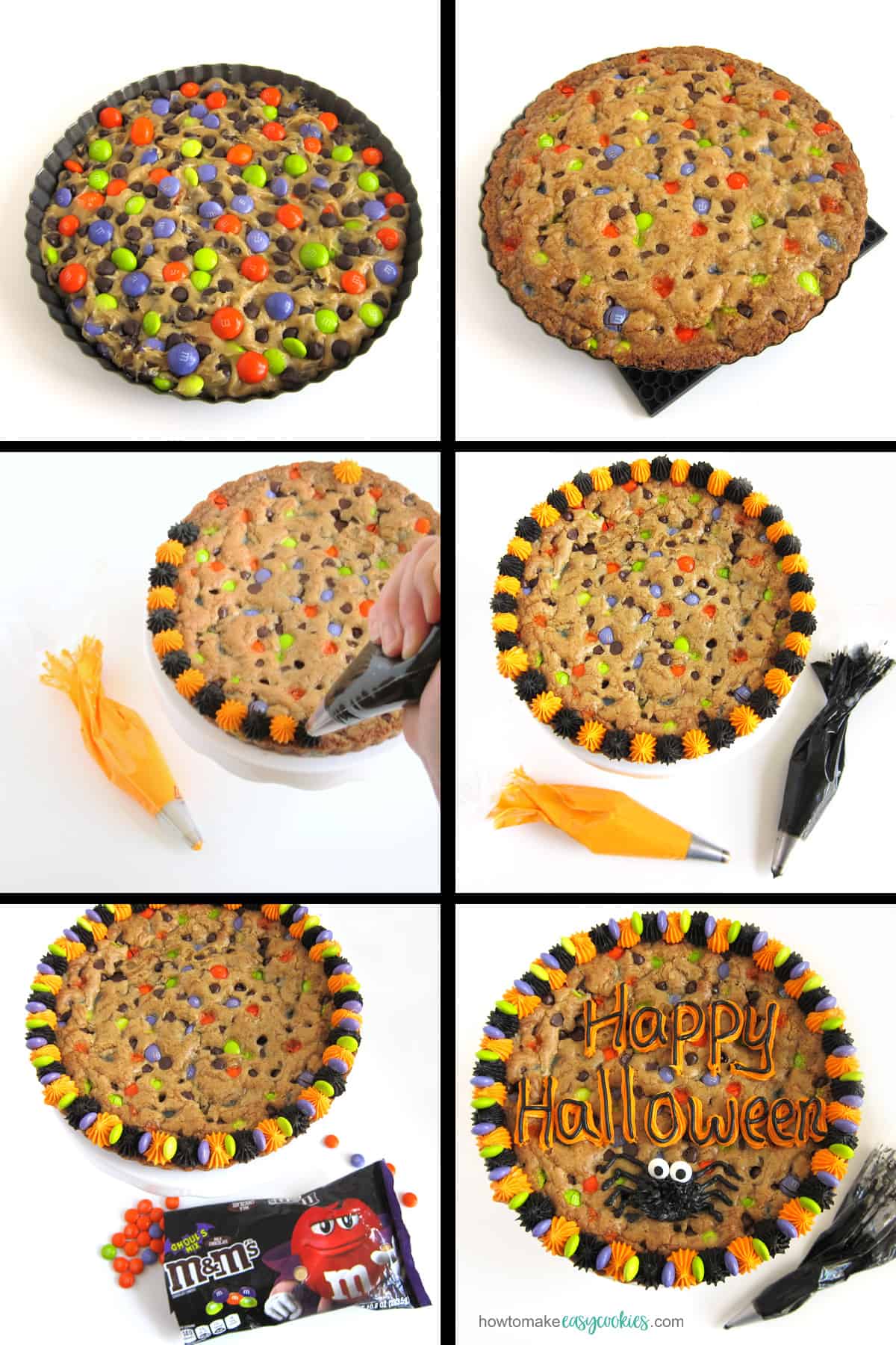 Pipe orange and black frosting around the edge of the Halloween cookie cake then add M&M's and a design