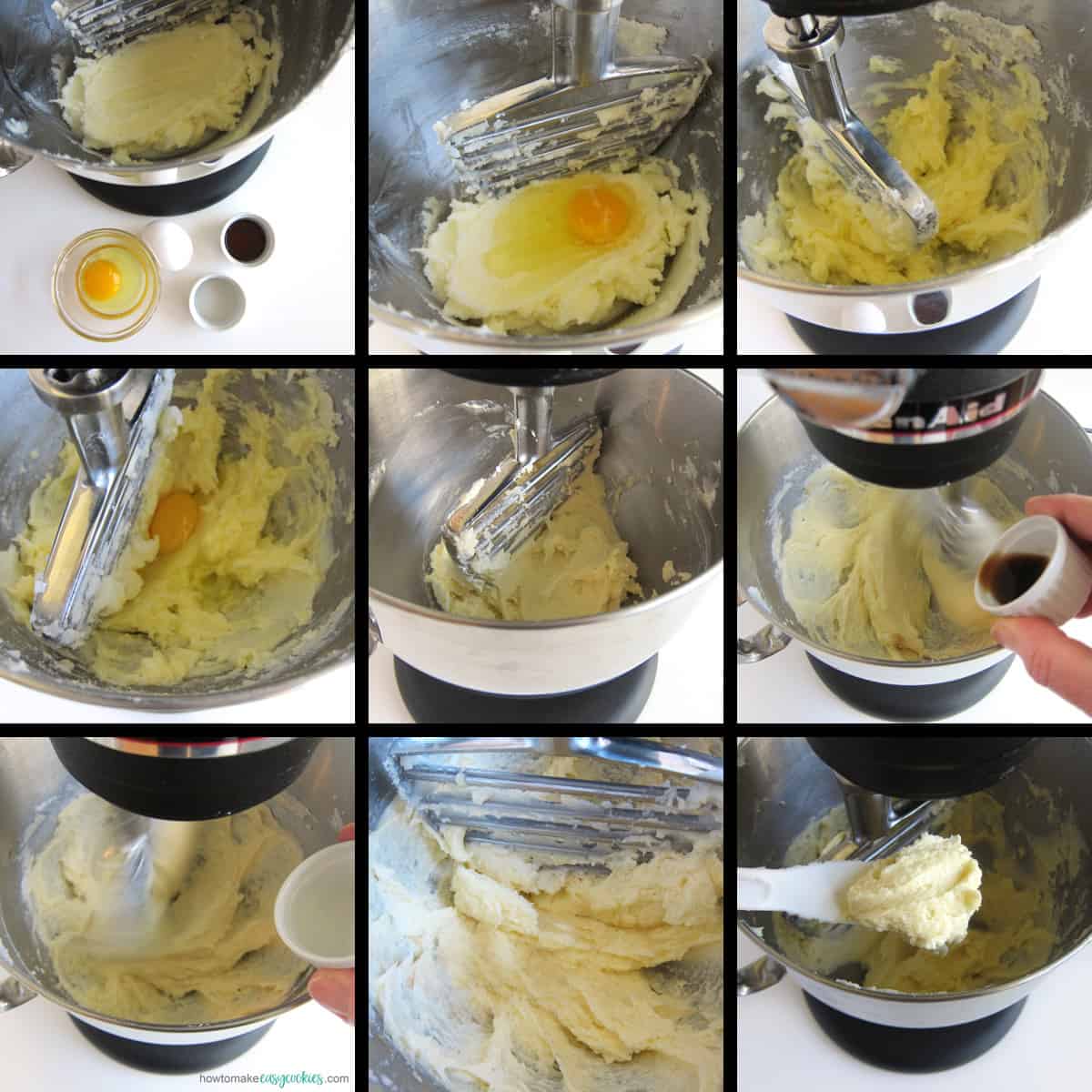 mixing eggs, vanilla, and almond extract into sugar cookie dough