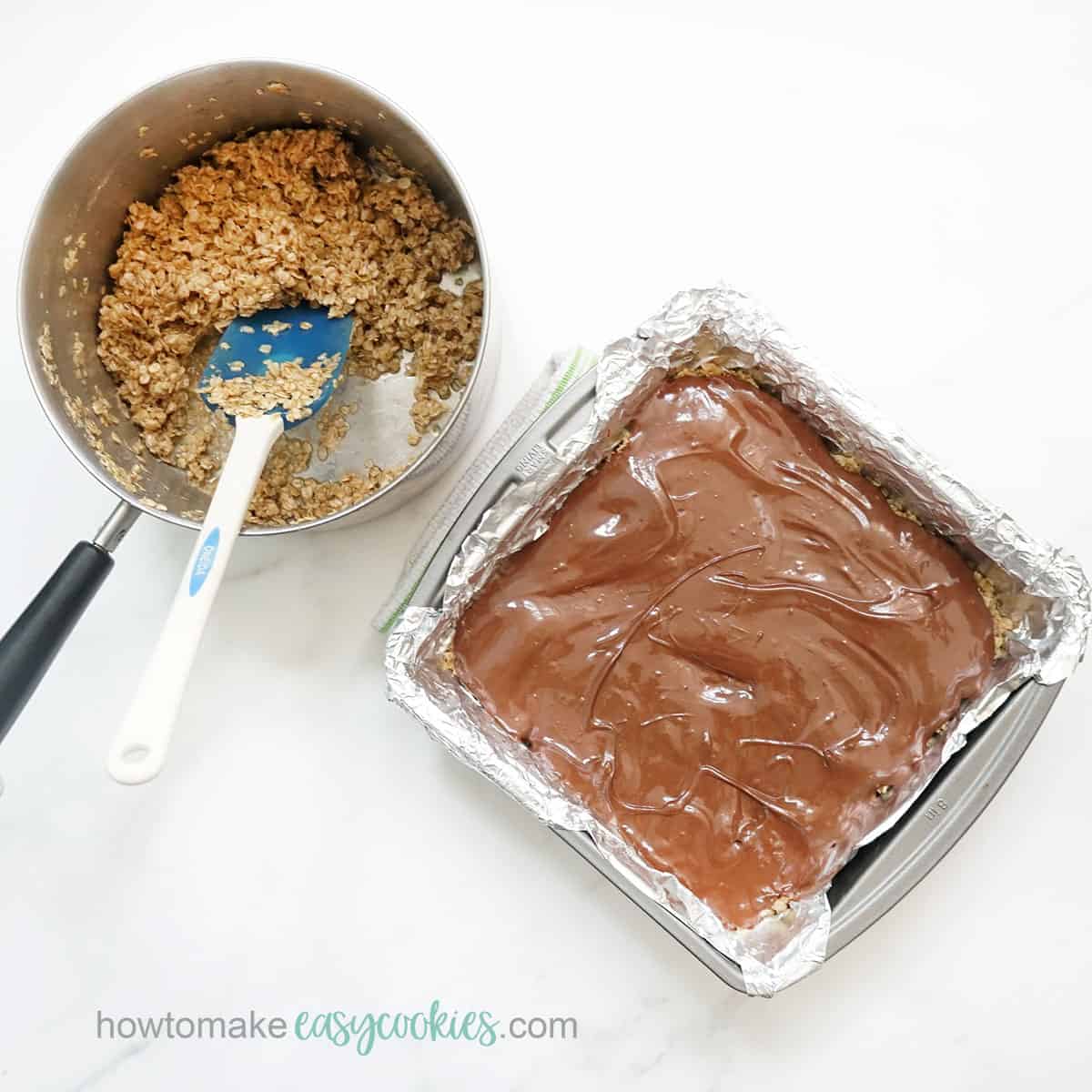 topping no-bake chocolate oatmeal bars with chocolate