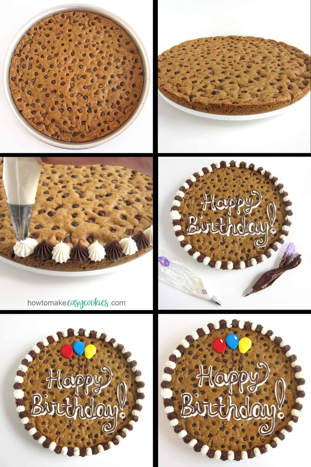 decorate a chocolate chip cookie cake for a birthday using chocolate and vanilla frosting