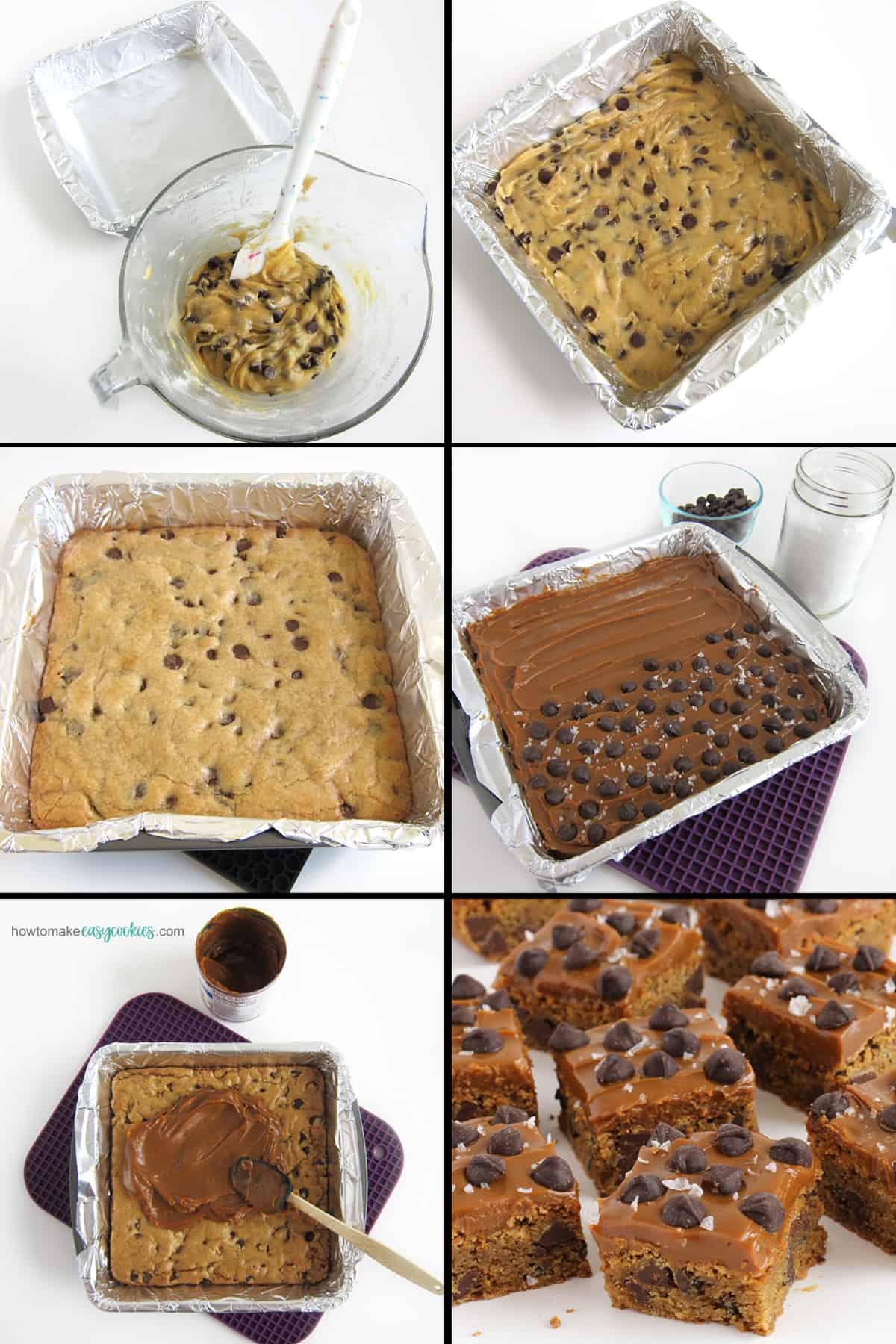 make caramel chocolate chip cookie bars in an 8-inch pan