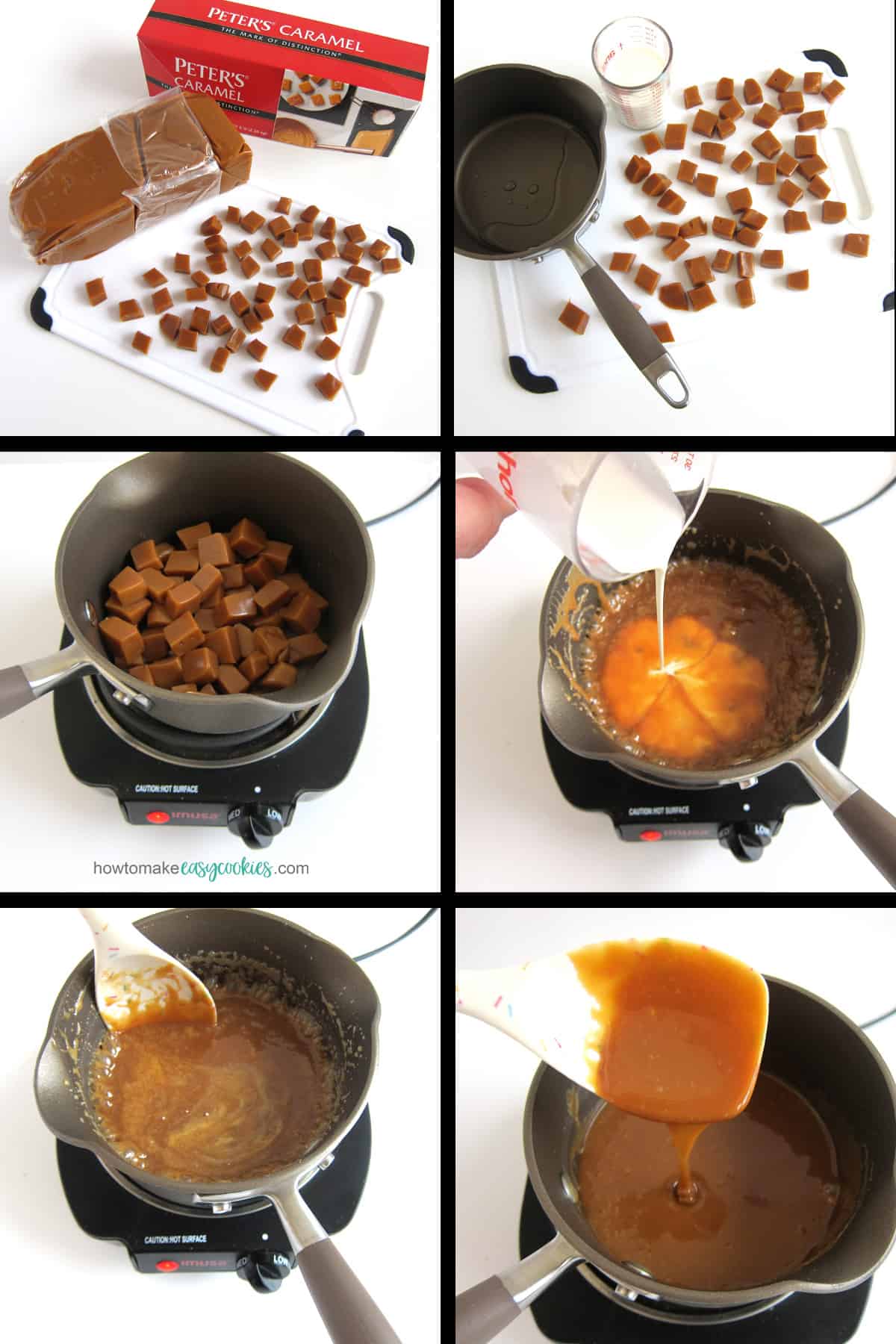 making easy caramel sauce by melting Peter's caramel with water and heavy whipping cream
