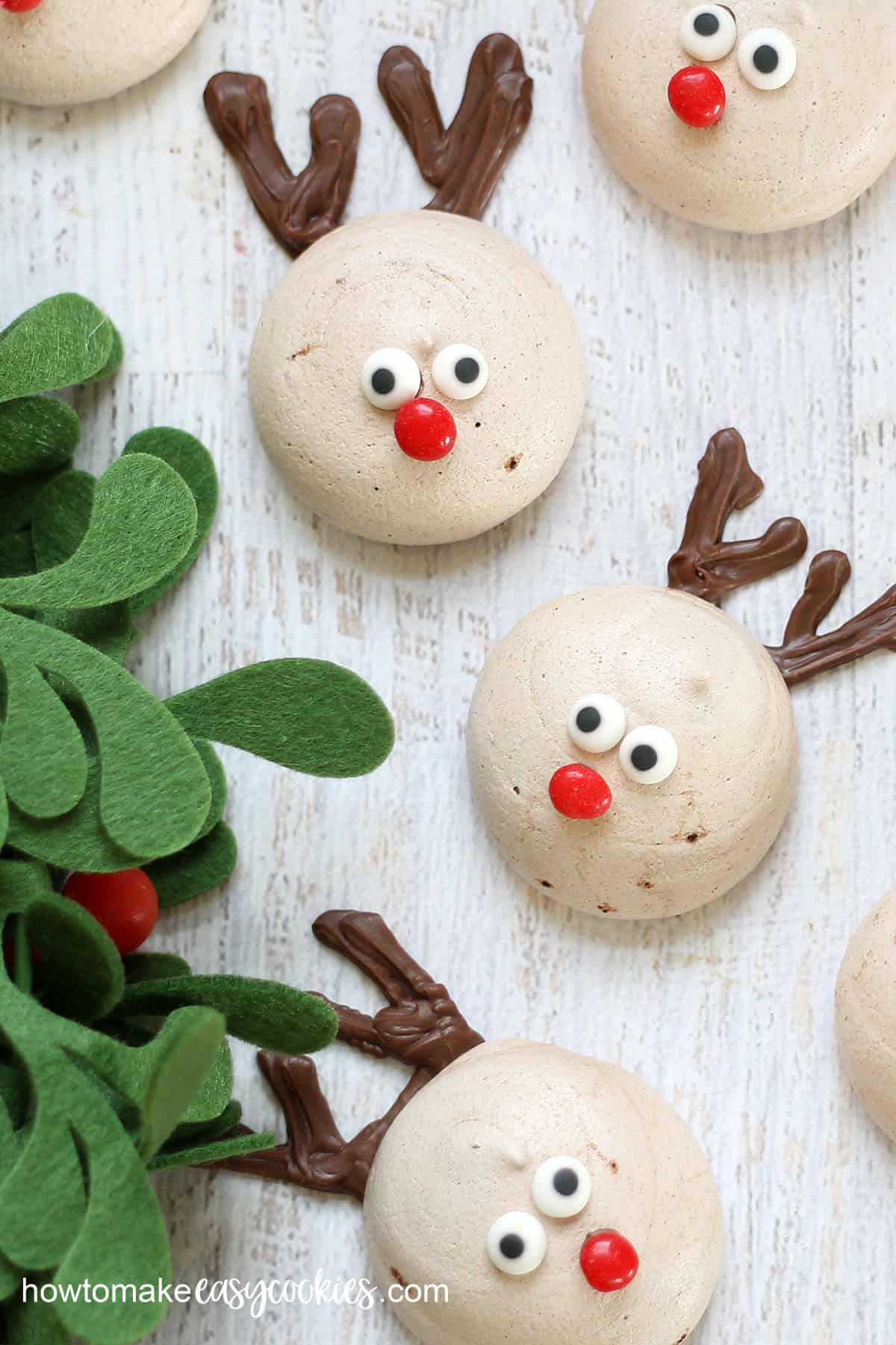 Christmas peppermint chocolate reindeer meringue cookies 