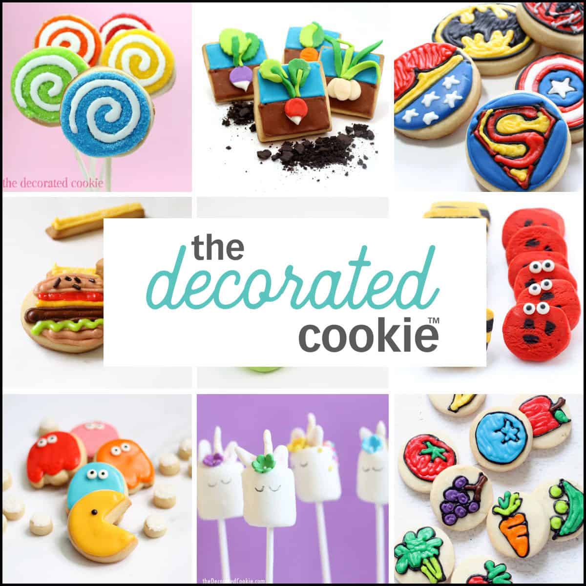 The decorated cookie collage of frosted cookies and decorated marshmallows