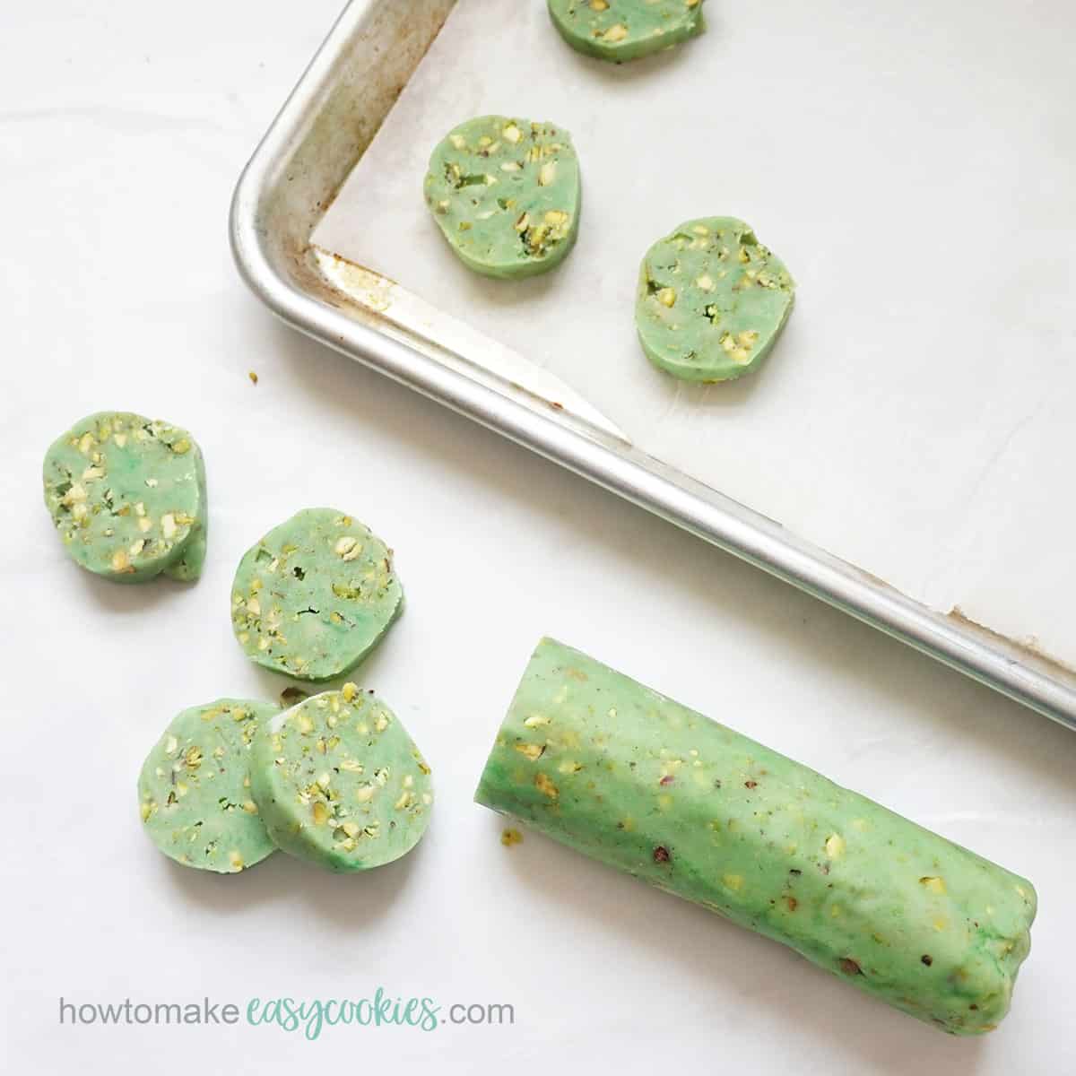 slice and bake refrigerated pistachio cookies on baking tray