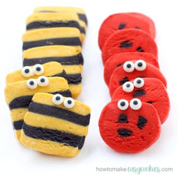 ladybug and bumble bee cookies with candy eyes