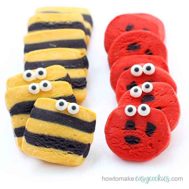 ladybug and bumble bee cookies with candy eyes